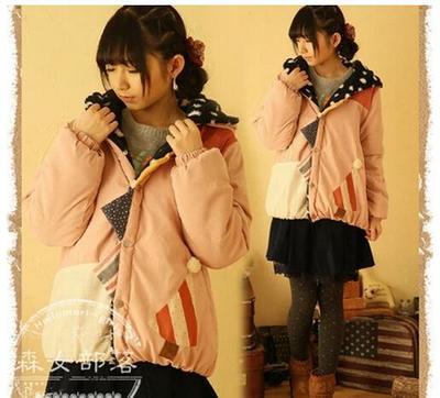 10529日系森女系加绒加厚短款 连帽棉衣女2015秋冬棉服